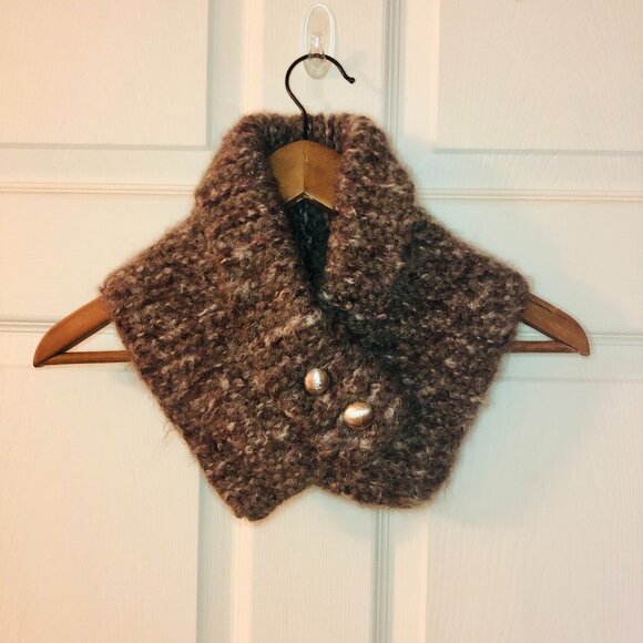 [Women/Teen] Hand Knit Cowl Neck Warmer Scarf Brown Fuzzy Toggle Button - Picture 1 of 4
